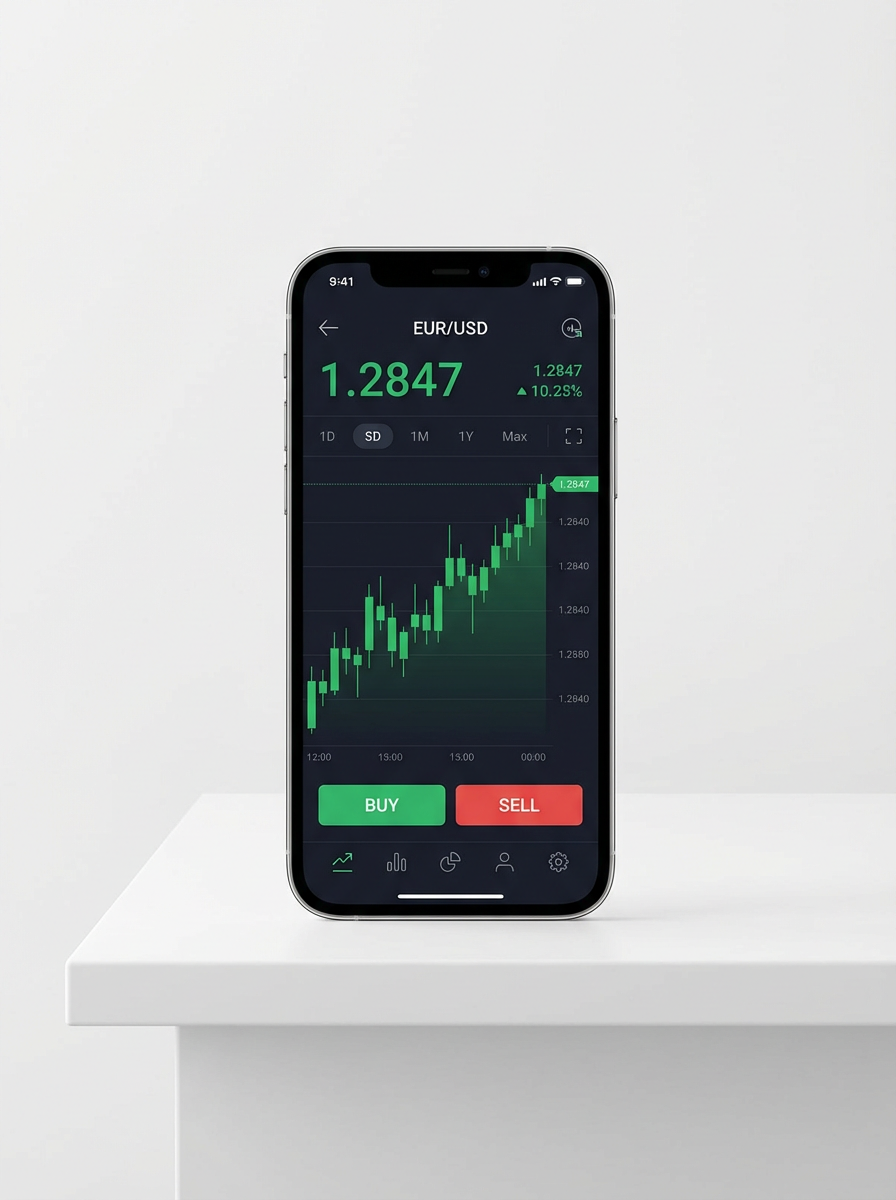 Quotex mobile app showing EUR/USD trading with green candlestick chart