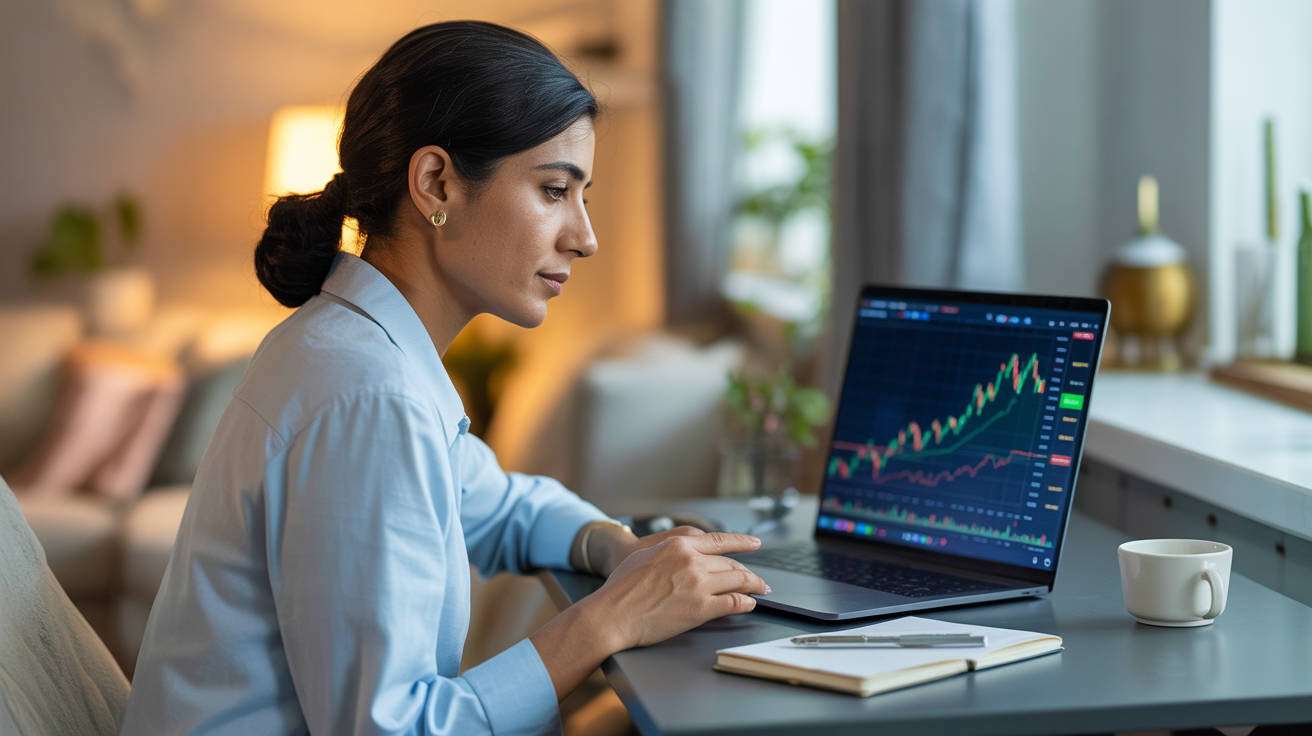 Pakistani trader practicing on laptop at home office